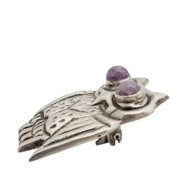 Large Mexican Sterling Silver Owl Brooch Taxco Purple Eyes 925 Artisan Bird Pin - Picture 6 of 11